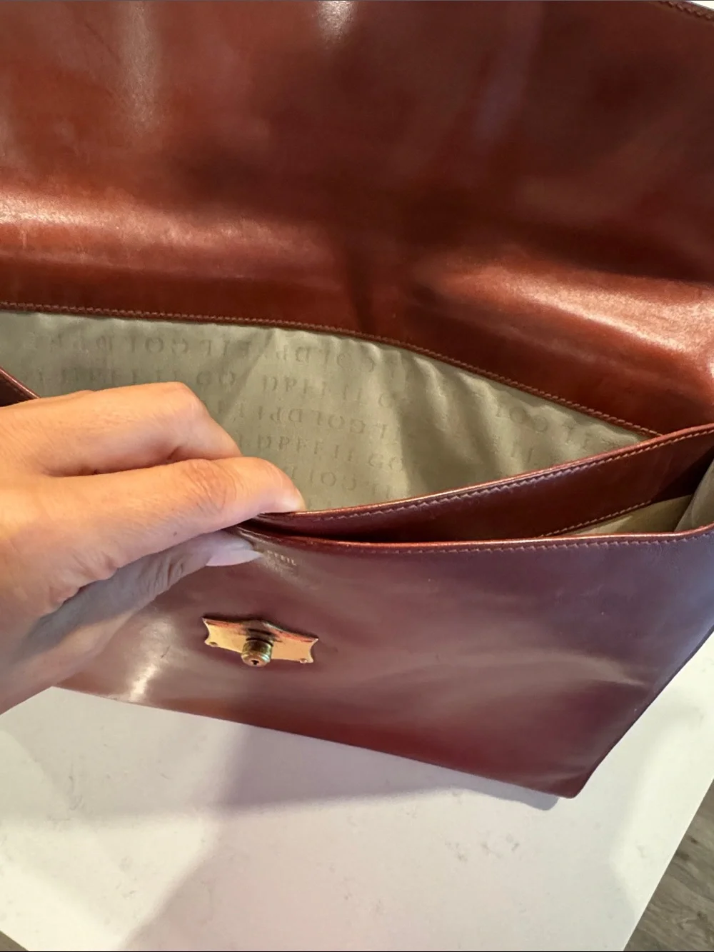 Men's Leather Envelope Briefcase in Deep Red/brown with Gold Hardware